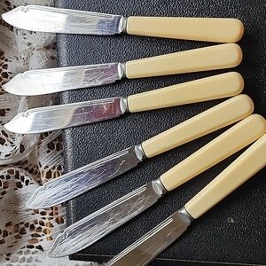Vtg Fish Knives & Forks Faux Ivory Handles Original Box